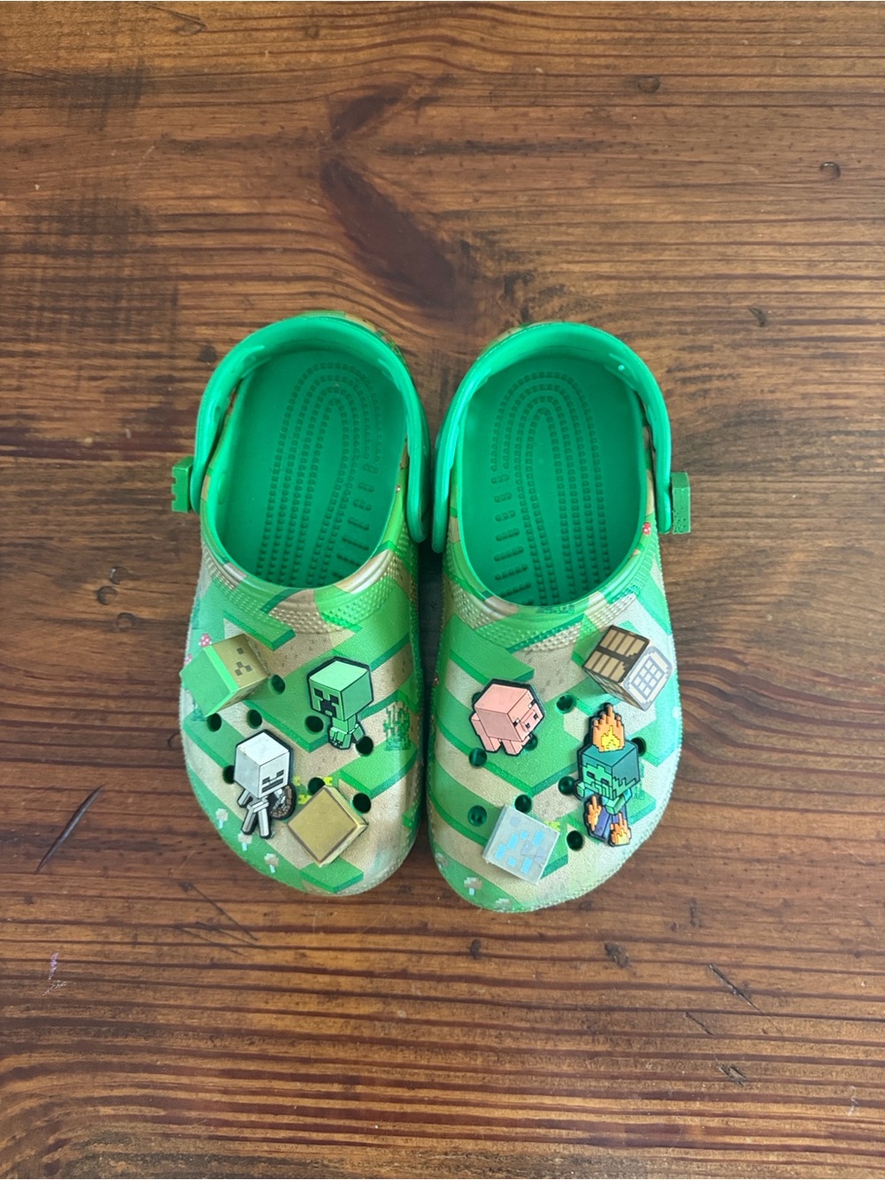 CROCS Kids Green Block-Pattern Clogs with Game Character Jibbitz
